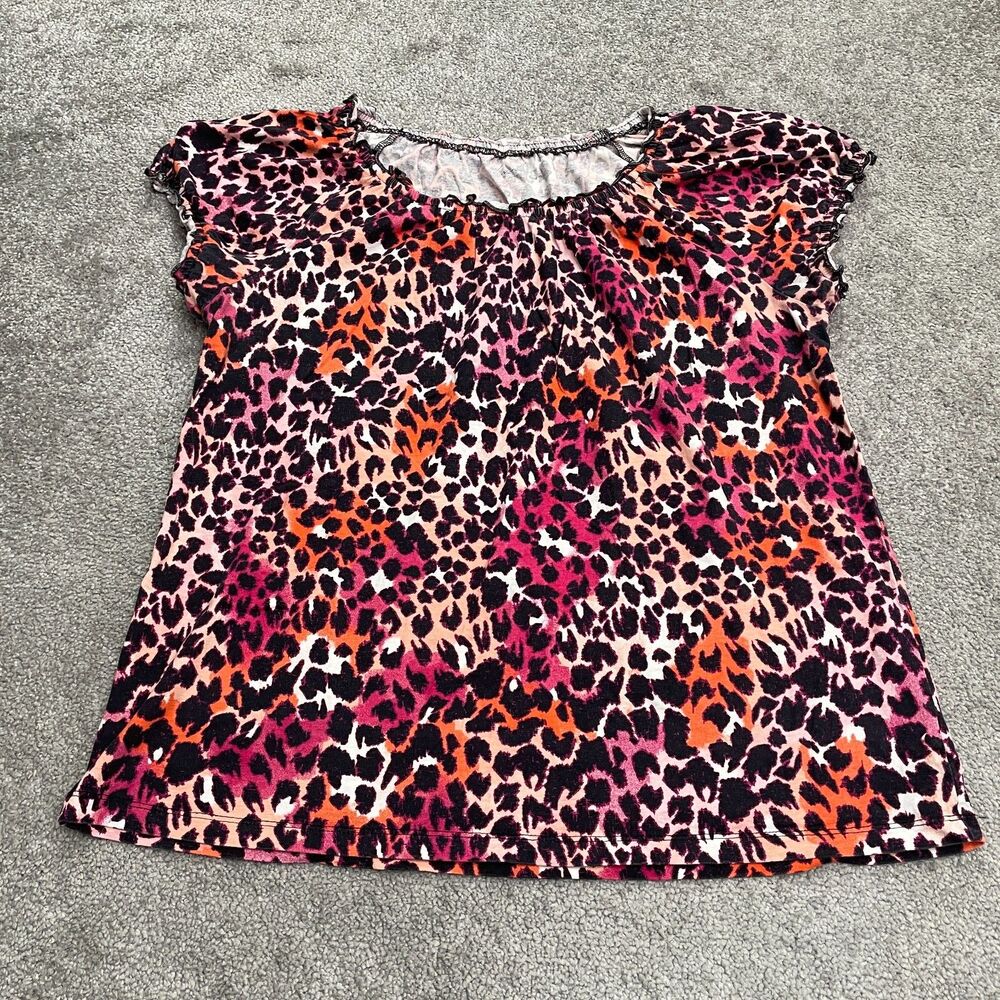 Kim Rogers Animal Print Blouse Womens Large Multicolor Leopard Cotton Casual Top